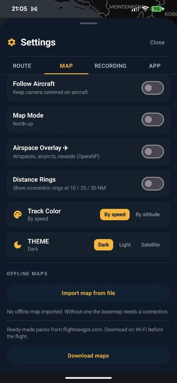 Map settings: theme, airspace overlay, import and download of offline maps