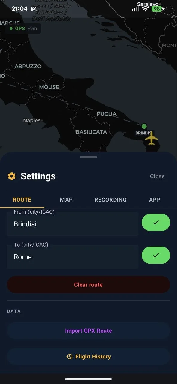 Route sheet: from Brindisi, to Rome, with the map and the green departure marker