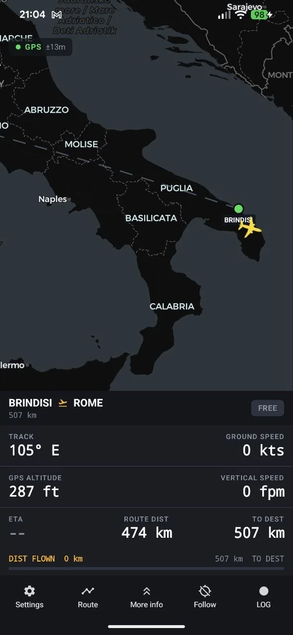 FlightNav GPS: Brindisi–Rome route on the map, with track, ground speed, altitude and distance flown